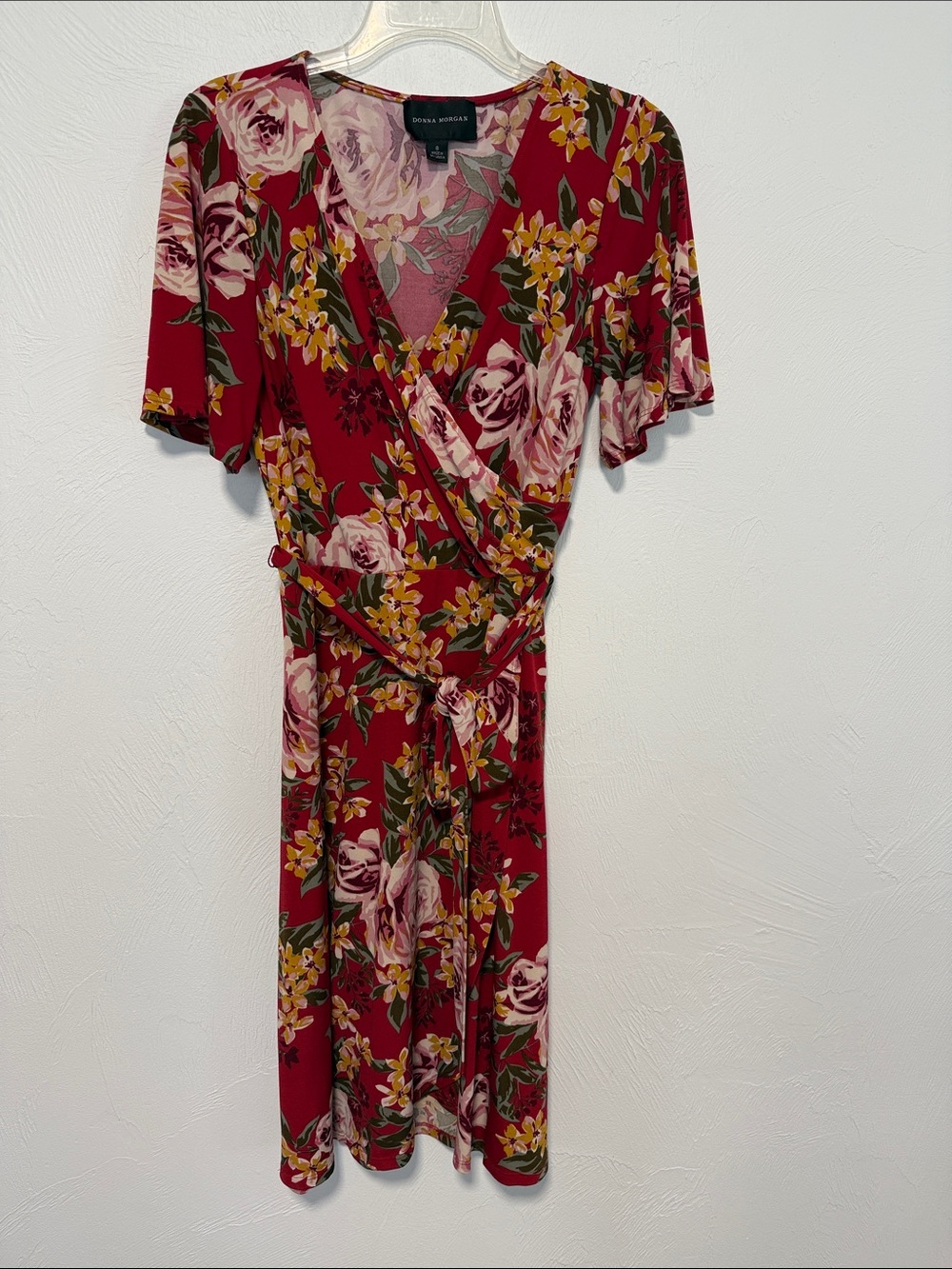 Donna Morgan Red Floral Wrap Midi Dress